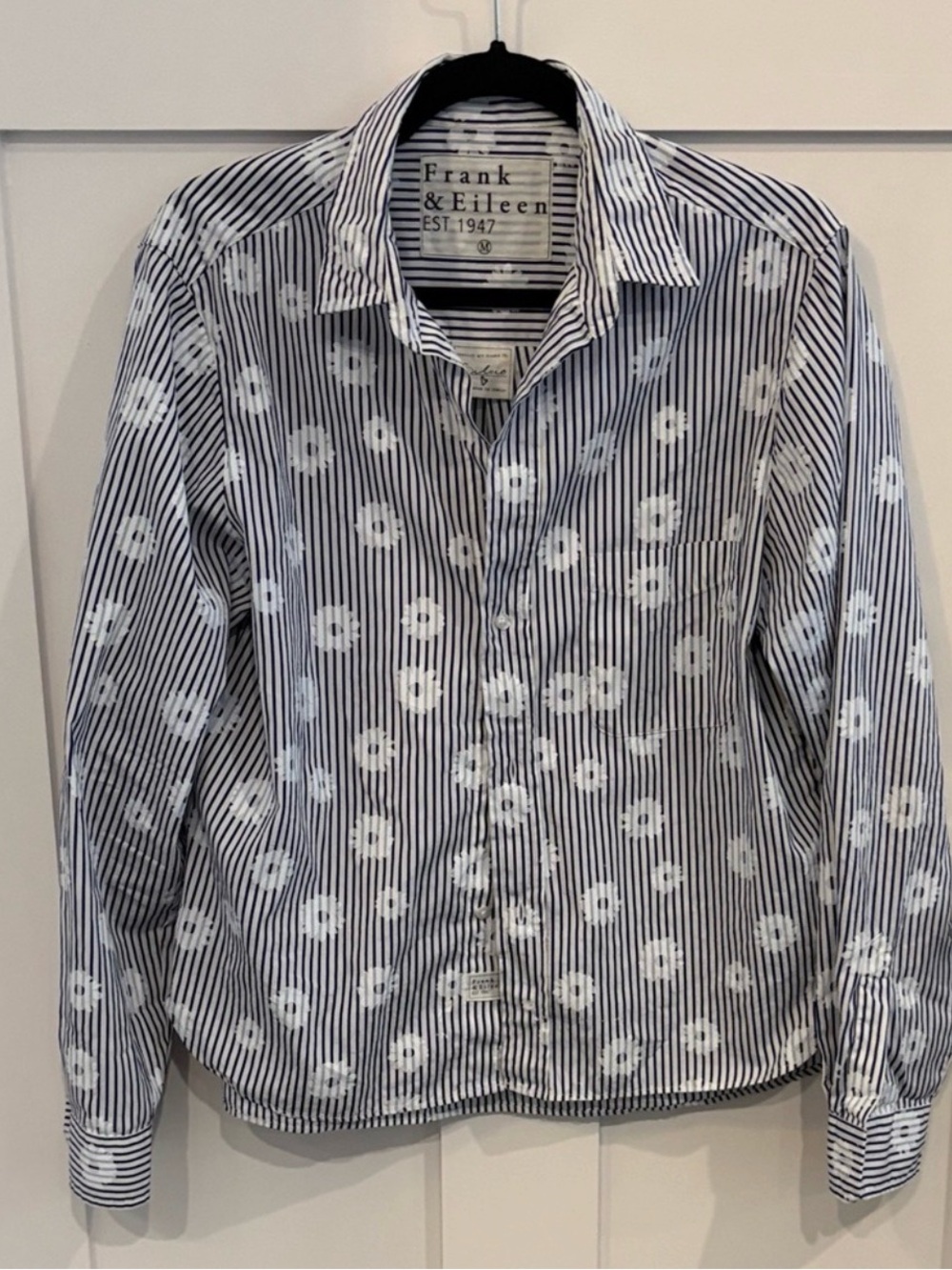 Frank & Eileen Navy and White Striped Floral Button-Up